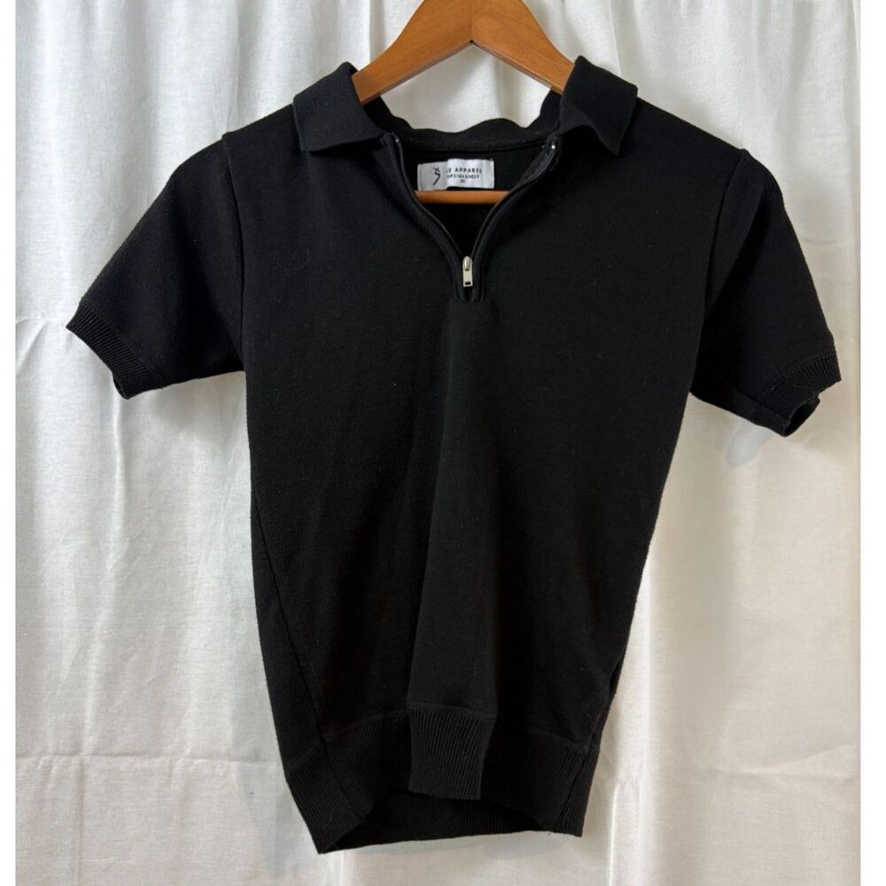 YS Apparel Black Knit Ribbed Quarter-Zip Polo Short Sleeve Top - Size S